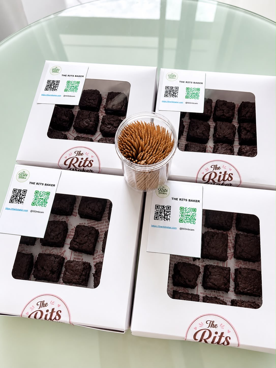 Four Rits Baker brownie boxes — fudge brownies ready for delivery in Bangkok